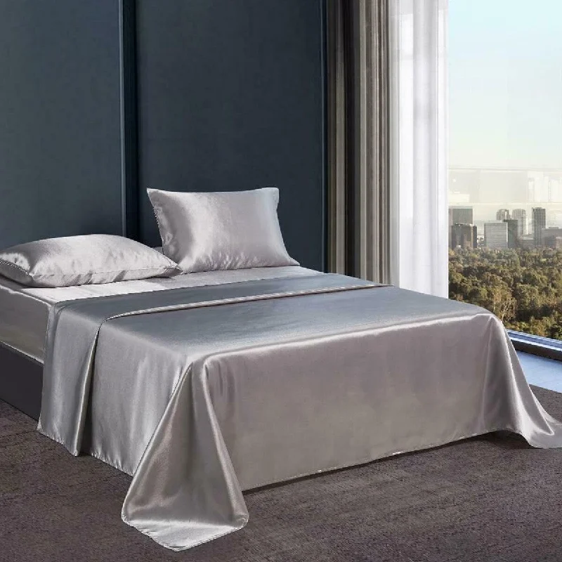 Queen - Size Sheet Sets with a European Pillowcase Set4 PC Satin Silky Soft Bed Sheet Queen Grey