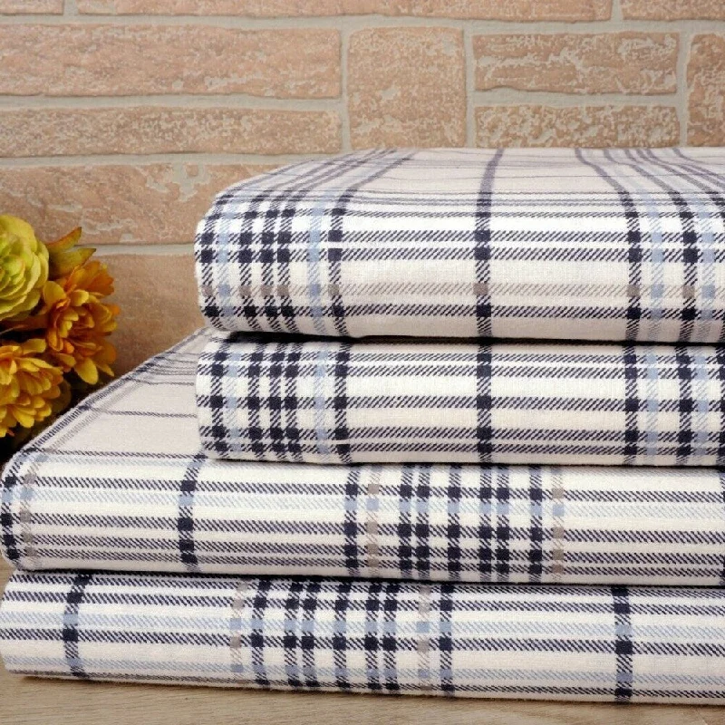 Queen - Size Sheet Sets with a European Pillowcase Set100% Cotton Printed Flannel Soft Deep Pocket Twin Navy Stripes