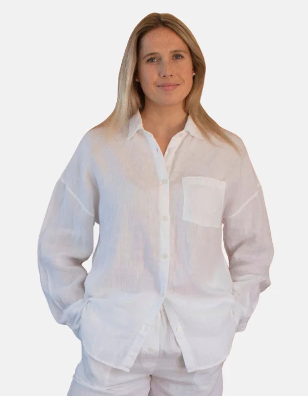 Adjustable Pillows for Customized ComfortWhite Linen Lounge Shirt Long Sleeve