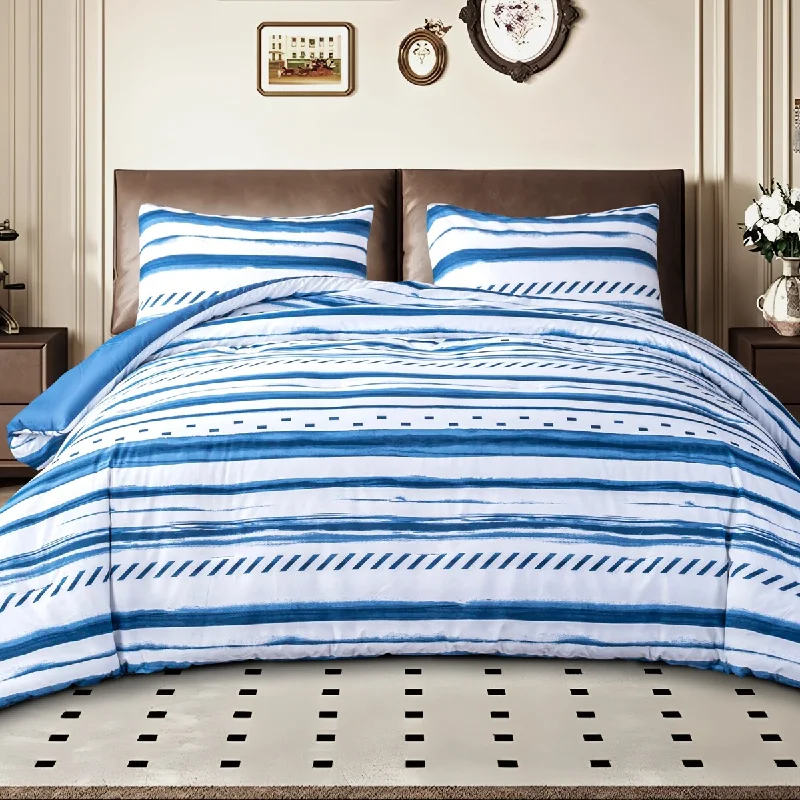 King - size comforters to fit large king - sized beds perfectly3-Piece 100% Cotton Coastal-inspired Comforter Set, Blue Striped Comforter and 2 Pillowcases for All Season