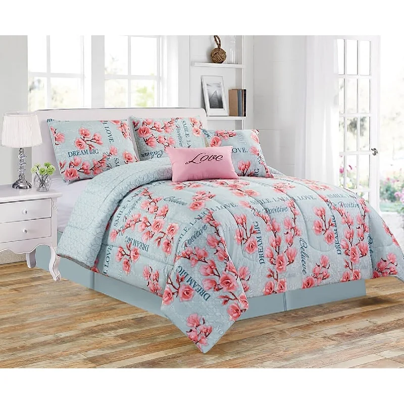 Bamboo - fiber - filled comforters with antibacterial and breathable qualities5 Piece Comforter Set Soft Bedding Blue Pink Floral Botanical Queen Size