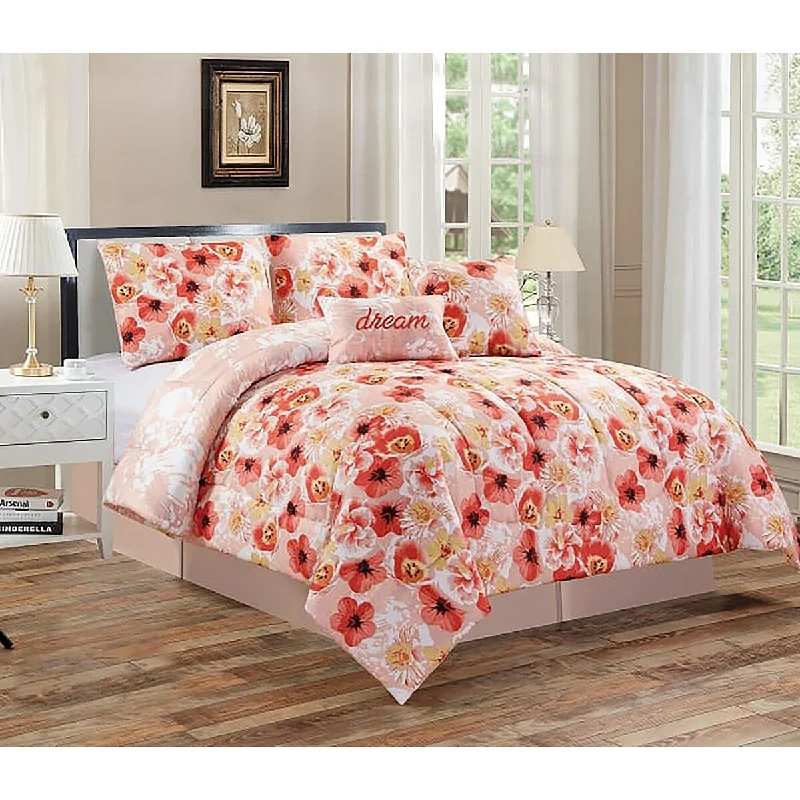 Goose down comforters known for their superior quality and insulation5 Piece Comforter Set Soft Bedding Pink Orange Floral Botanical Queen Size