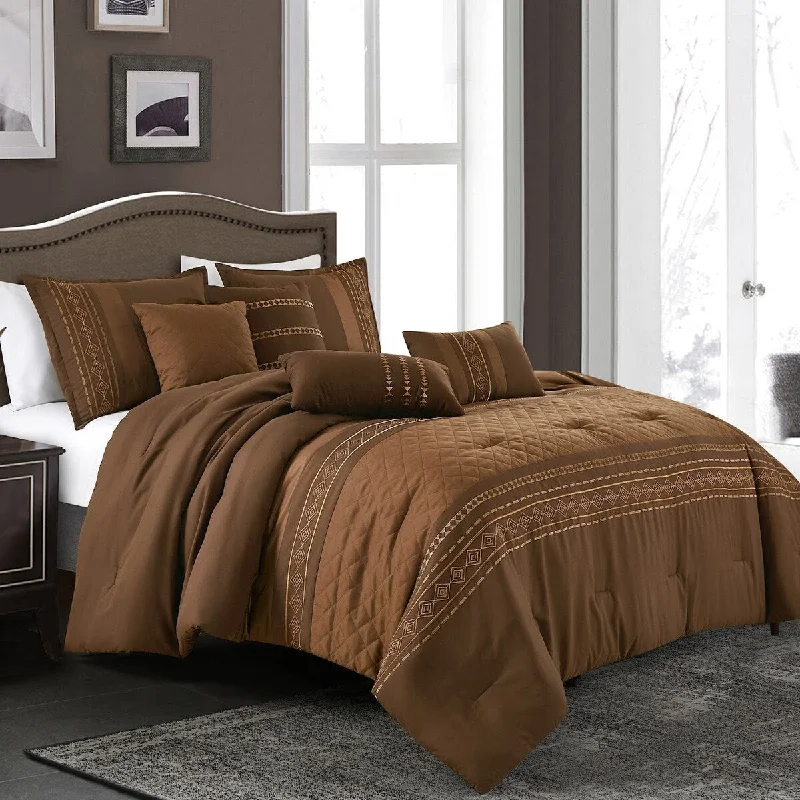 Microfiber - filled comforters that are lightweight and easy to care for7 Piece Comforter Set Brown Gold Boho Striped Boho Embroidery Soft Bedding