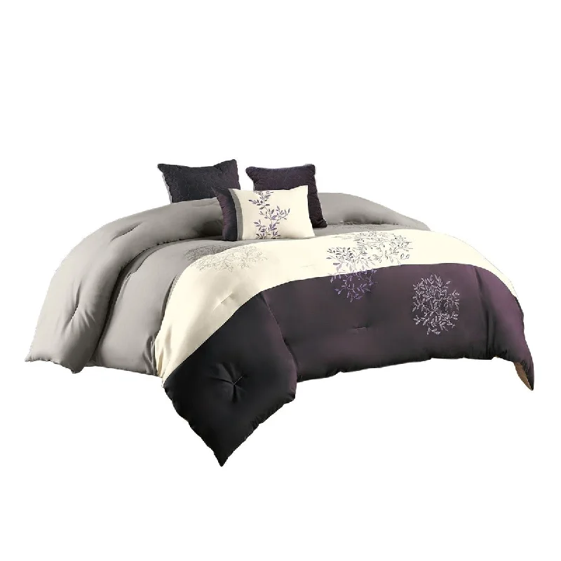 Queen - size comforters for standard queen - sized mattresses7 Piece King Polyester Comforter Set with Leaf Embroidery, Grey and Purple