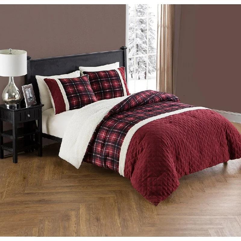 Wool - filled comforters with natural moisture - wicking and temperature - regulating featuresBarry Plaid Red Sherpa 3-Piece Reversible Comforter Set