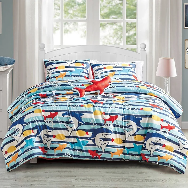 Silk - filled comforters for a luxurious and smooth touchBlue Sharks Fish Sea Life Kids Comforter Set Embroidery Soft Bedding Set