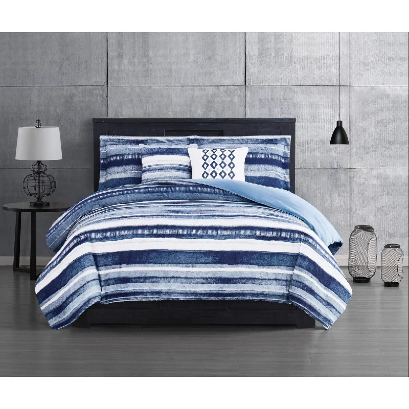 Microfiber - filled comforters that are lightweight and easy to care forBoho Living York Blue 5-Piece Reversible Set