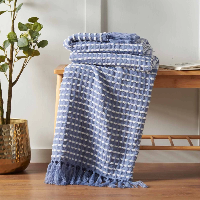 Cotton blankets for breathability and a lightweight feelStab Stitch Throw Blue