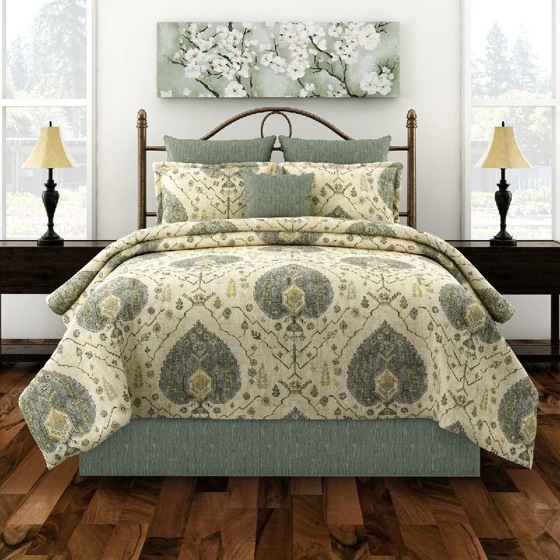 Full - size comforters suitable for full - sized beds in guest rooms or small bedroomsChateau seafoam medallion damask comforter set