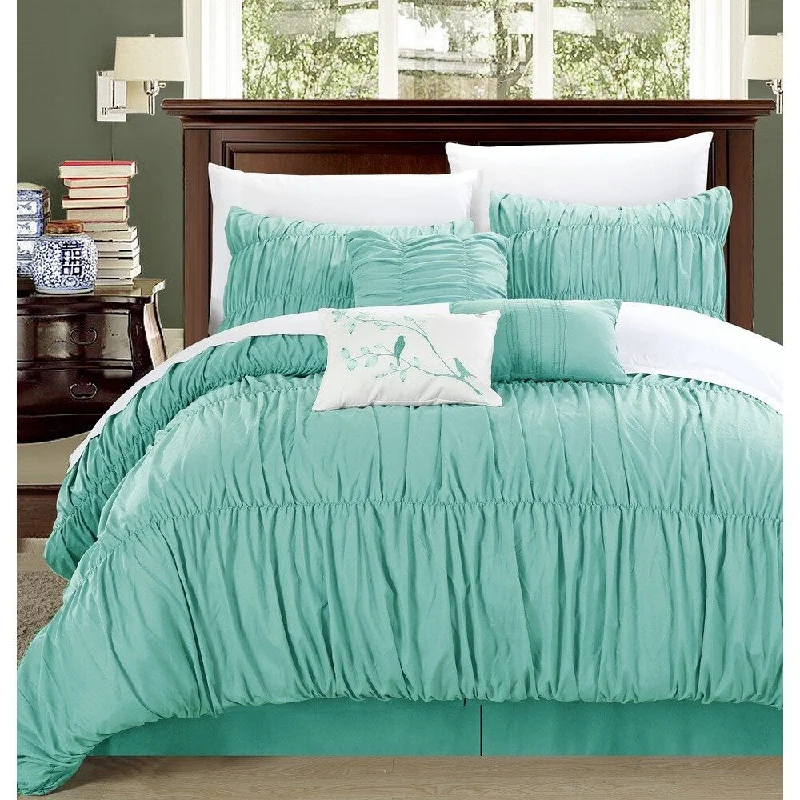 Full - size comforters suitable for full - sized beds in guest rooms or small bedroomsChic Home Frances 7-piece Aqua Pleated and Ruffled Comforter Set