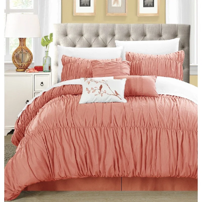 Duck down comforters with a softer feel and good warmth retentionCopper Grove Senna 7-piece Peach Pleated and Ruffled Comforter Set