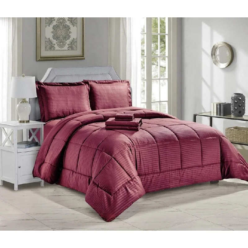 Duck down comforters with a softer feel and good warmth retentionDécor&More Hotel Collection Queen Size 8 Piece Bed in a Bag Down Alternative Comforter Set - Burgundy