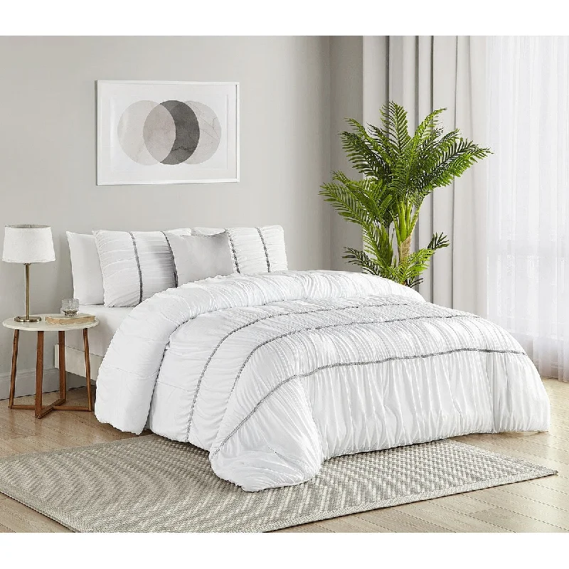 Duck down comforters with a softer feel and good warmth retentionDESIGN STUDIO Garment Washed Smocked Stripe Cable Braid Ultra Soft 4 PC Comforter Bedding Set - White color