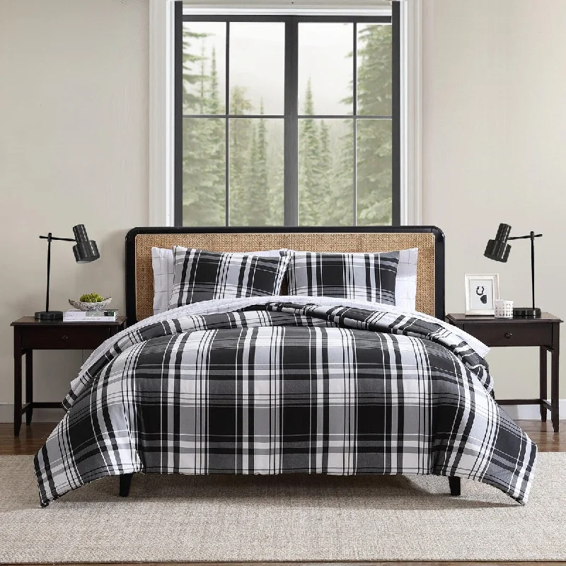 Duck down comforters with a softer feel and good warmth retentionEddie Bauer Saddle Mountain Plaid Black Reversible Comforter Set