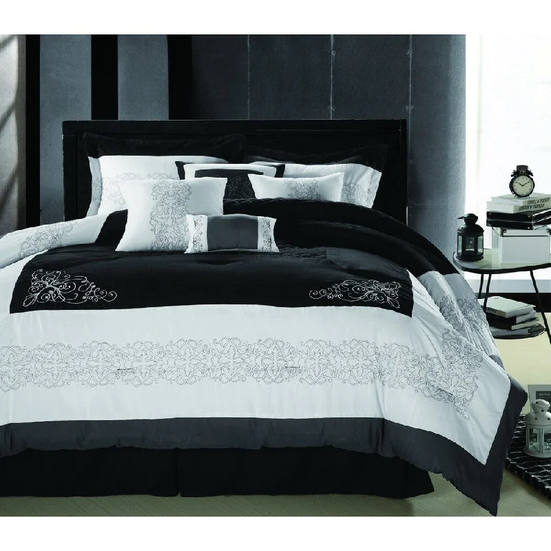 Silk - filled comforters for a luxurious and smooth touchFlorence Black/White 8-piece Oversized King-size Comforter Set