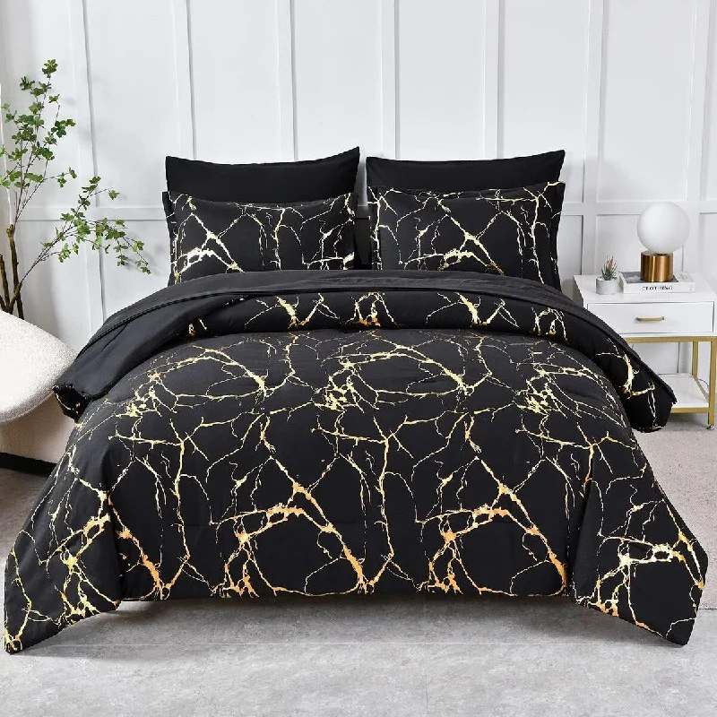 Silk - filled comforters for a luxurious and smooth touchMetallic Marble Comforter Set,7 Piece Bed in a Bag,All Season Soft Microfiber Complete Bedding Sets