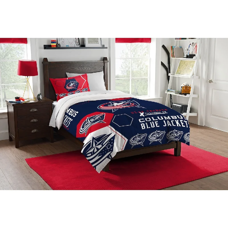 Goose down comforters known for their superior quality and insulationNHL 862 Blue Jackets Hexagon Twin Comforter Set