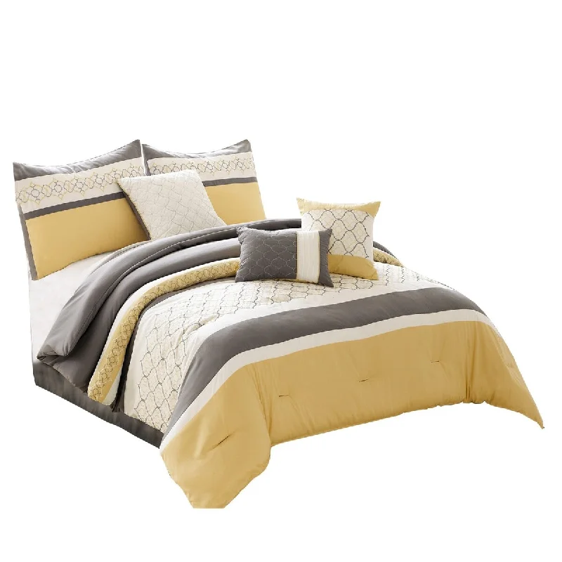 Cotton - filled comforters for a breathable and natural sleep experienceQuatrefoil Print King Size 7 Piece Fabric Comforter Set, Yellow and Grey