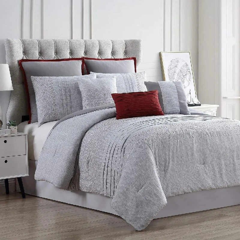 Goose down comforters known for their superior quality and insulationQueen Size - 8 Piece Grey Red Embroidered Comforter Set Soft Bedding