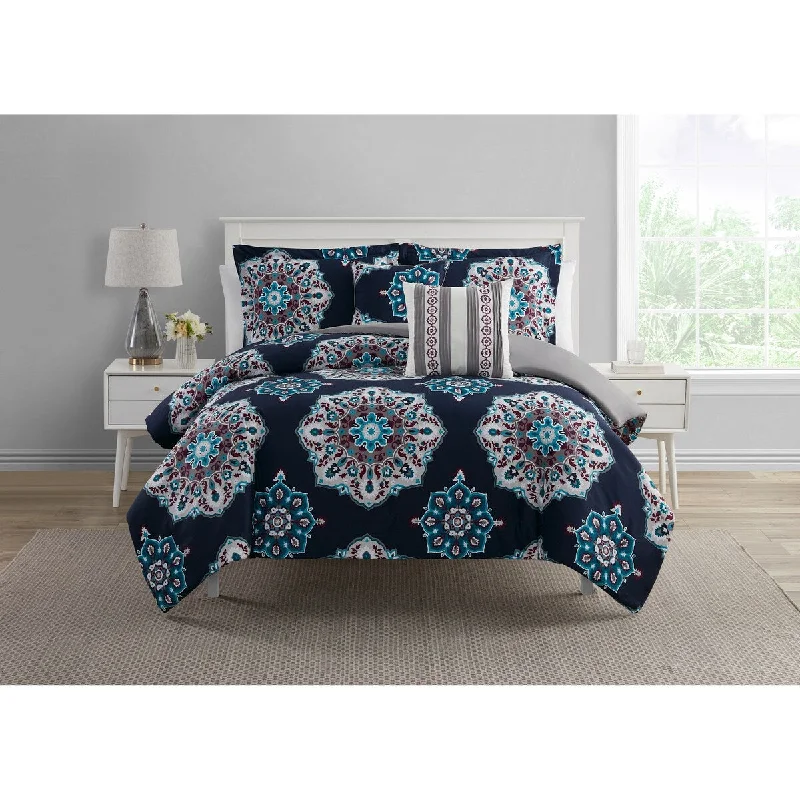 Full - size comforters suitable for full - sized beds in guest rooms or small bedroomsSosa Navy/Plum/Teal/Gray Medallion 5-Piece Comforter Set