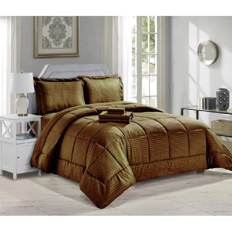 Duck down comforters with a softer feel and good warmth retentionUltra Lush Queen Size Down Alternative 8 Piece Bed in a Bag Embossed Stripe Comforter Set - Chocolate