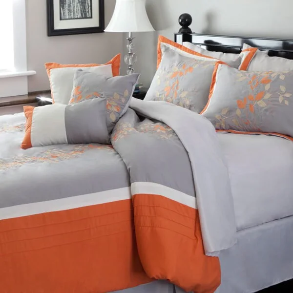 Silk - filled comforters for a luxurious and smooth touchWindsor Home Gray and Orange Embroidered 7-piece Comforter Set