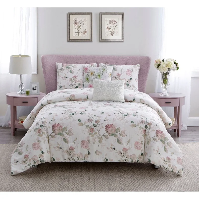 Cotton - filled comforters for a breathable and natural sleep experienceWonder Home Flores 5PC Cotton Printed Comforter Set, Queen,Pink