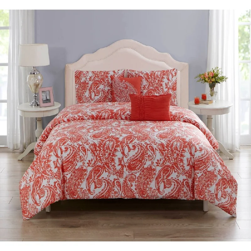 Wool - filled comforters with natural moisture - wicking and temperature - regulating featuresWonder Home Providence 5PC Cotton Printed Comforter Set, Queen, Coral